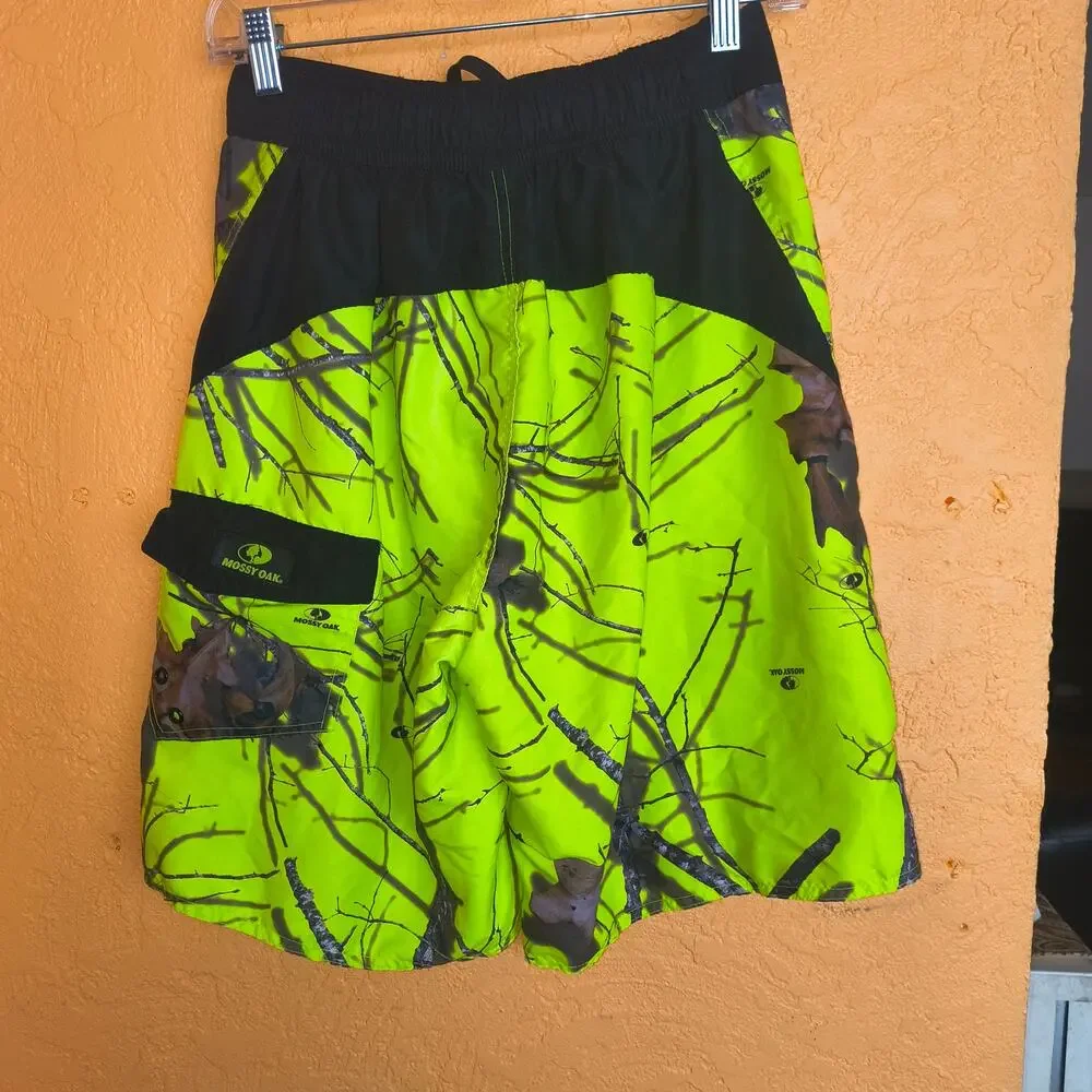 MOSSY OAK MEN'S S NEON GREEN AND BLACK SWIM BOARD SHORTS FISHING TRUNKS SIZE S